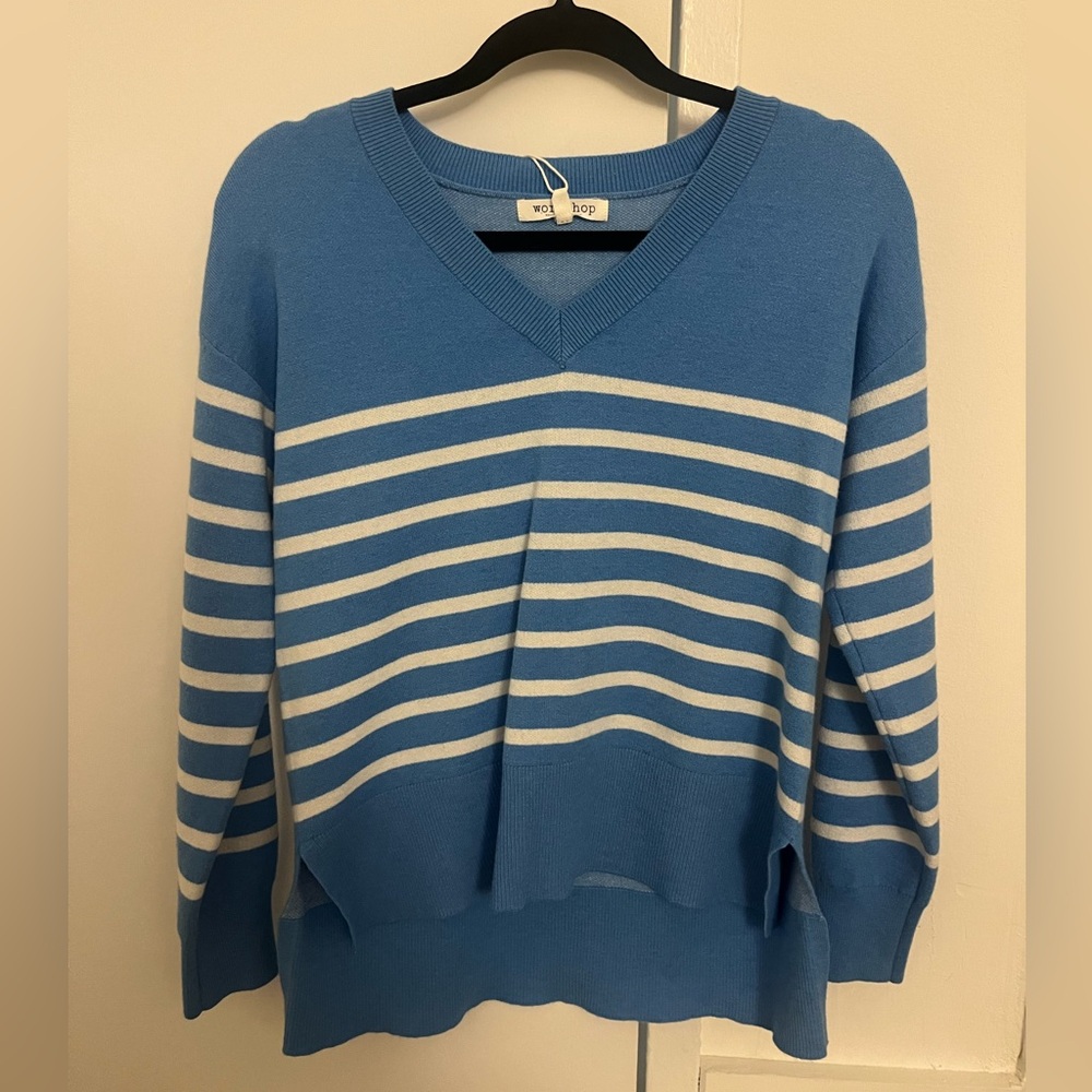NWT Workshop Republic Clothing striped V neck white and blue sweater size XS